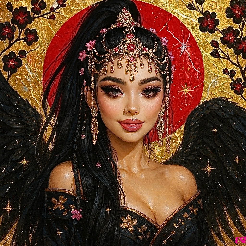 A portrait of a woman with long black hair, adorned in a decorative headdress and intricate jewelry, featuring dark wings against a golden background with a red circle and floral motifs.