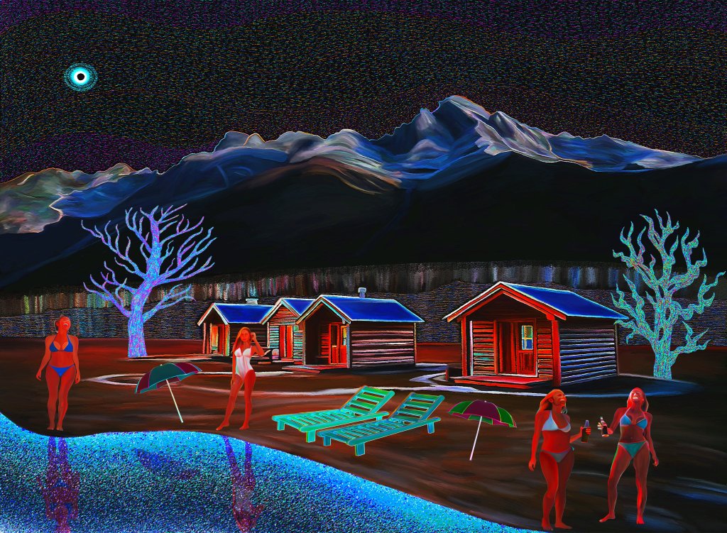 A surreal beach scene at night featuring three cabins, mountains in the background, a starry sky, and four women in swimsuits by the water. Two women are holding drinks, and there are lounge chairs and umbrellas nearby.
