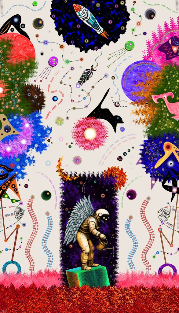 An astronaut with wings stands on a colorful block in a surreal, vibrant landscape filled with abstract shapes, planets, and patterns.