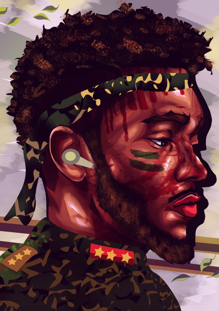 A digital illustration of a man in profile wearing a military-inspired outfit with a camouflage pattern, a headband, and earphones. The character has facial paint and a serious expression, set against a backdrop of soft colors and abstract shapes.