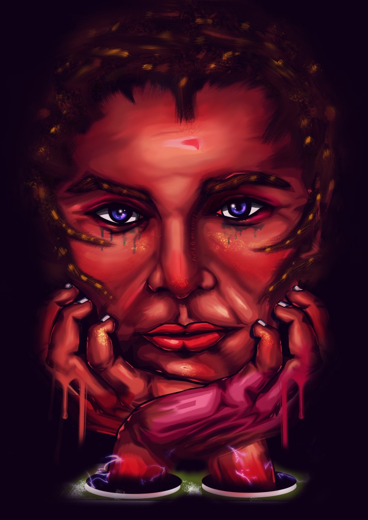 A surreal digital portrait of a person with a contemplative expression, featuring vivid colors and abstract elements. The figure has striking blue eyes and is surrounded by red tones, with drips of color emphasizing the mood.
