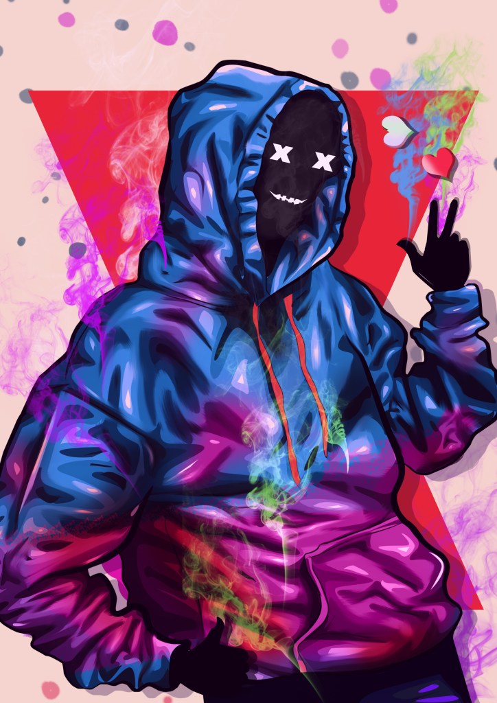 A colorful digital illustration of a figure wearing a blue and purple hoodie, with a masked face featuring 'X' eyes and a grinning mouth. The figure stands in a casual pose, raising one hand in peace, surrounded by colorful smoke and abstract patterns.