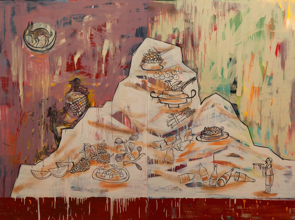 An abstract painting depicting a mountainous landscape with figures carrying baskets of food and various dishes illustrated on the mountain, set against a colorful background with a stylized moon and a rabbit.