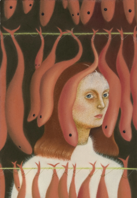 A surreal illustration of a woman with long brown hair, gazing at the viewer, surrounded by hanging fish in various shades of pink, creating a striking contrast against a dark background.
