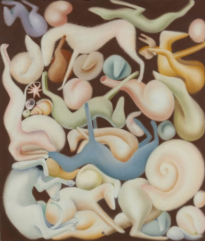 Abstract composition featuring intertwined shapes resembling animals and organic forms in soft pastel colors on a dark background.