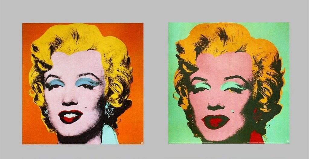 Two colorful pop art portraits of a smiling woman with blonde hair, showcasing contrasting backgrounds in orange and green.
