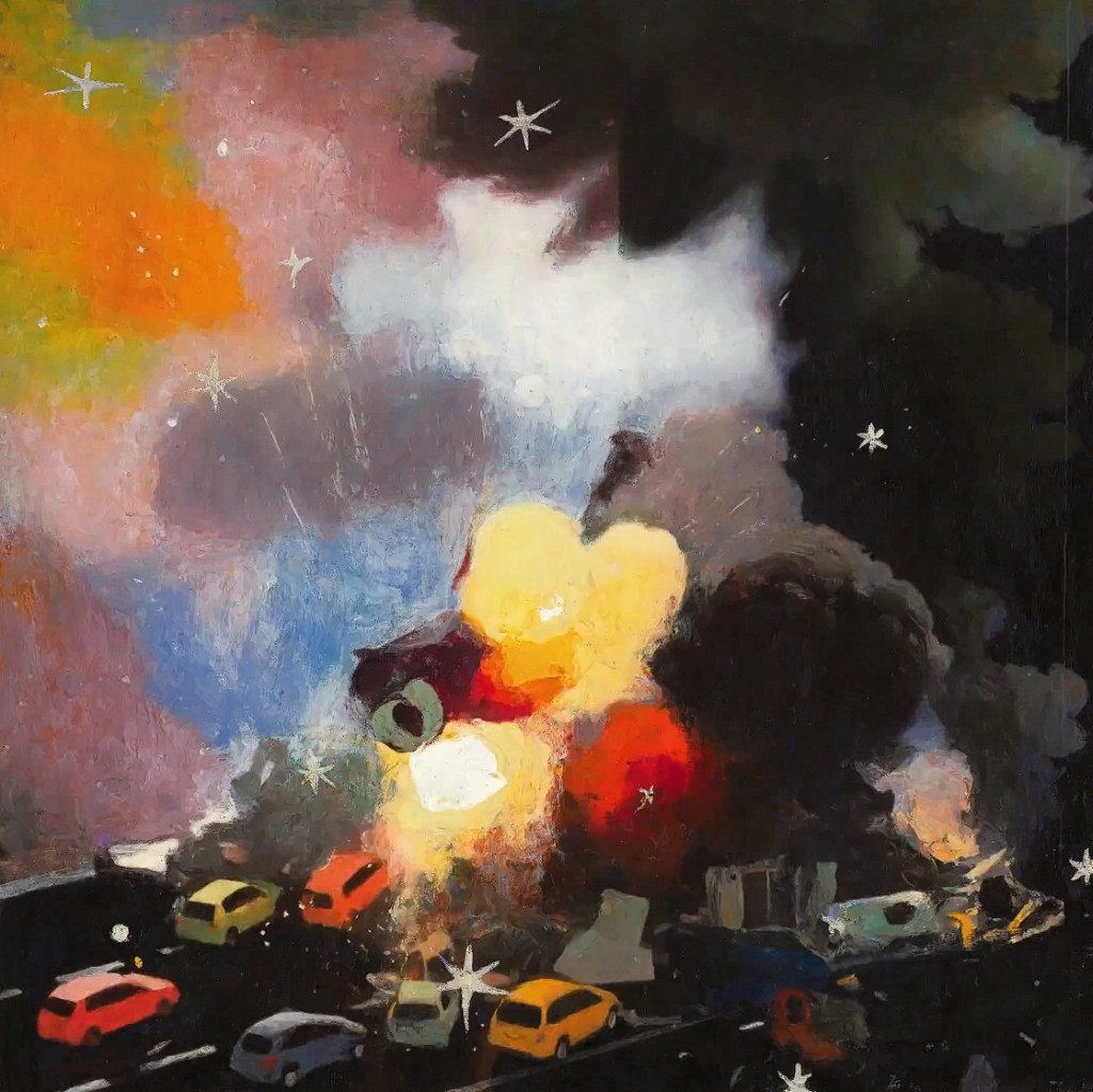 An abstract painting depicting an explosion with vibrant colors, smoke, and silhouettes of cars on a road.