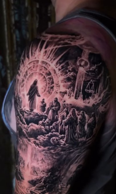 A detailed tattoo on a man's arm depicting a celestial scene with figures, clouds, and radiant light, illustrating themes of judgment and the divine.