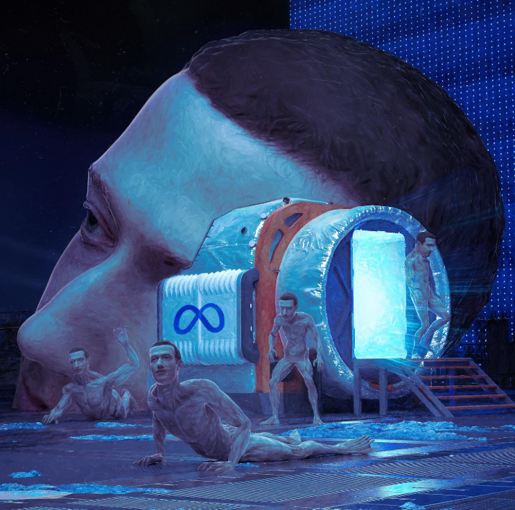 An artistic depiction of a giant human head with a futuristic portal surrounded by humanoid figures, showcasing themes of technology and transformation.