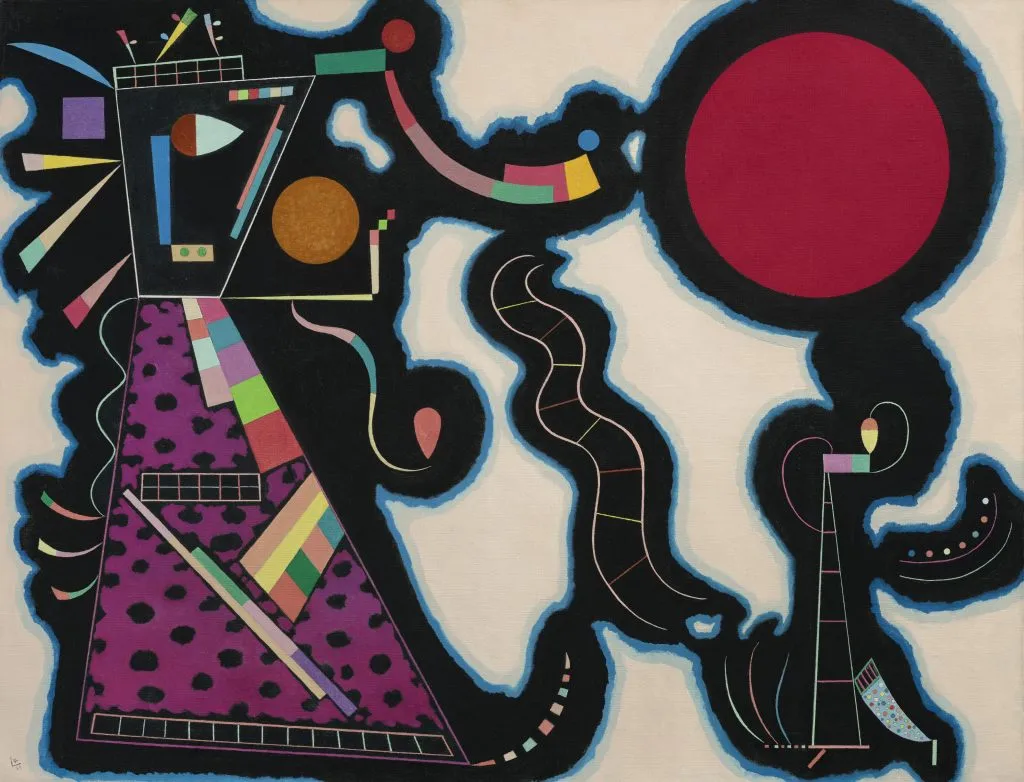 Abstract painting featuring geometric shapes in vibrant colors, including a purple triangular form and a large red circle, set against a black background with wavy lines.