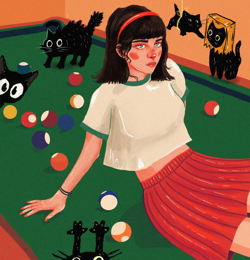 An illustration of a girl sitting on a pool table, surrounded by colorful billiard balls and playful black cat illustrations.