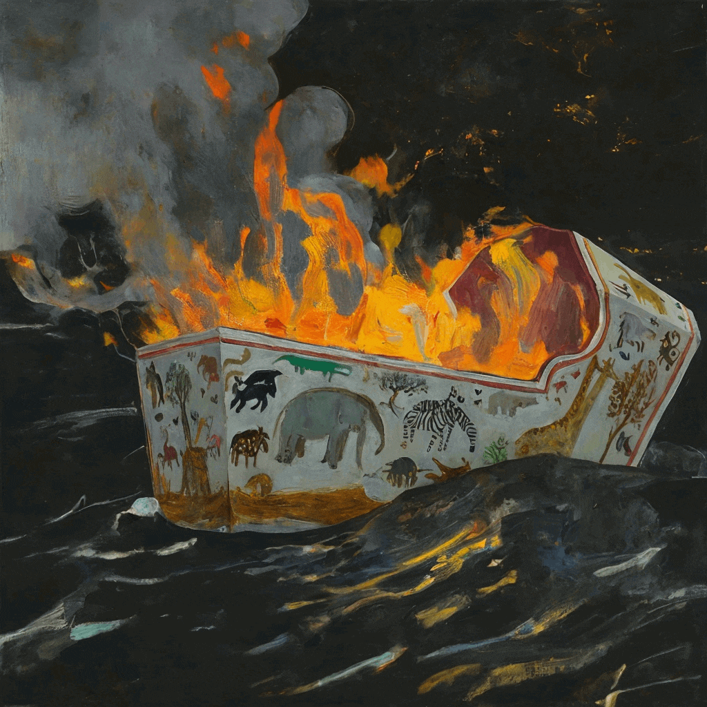 A decorative boat engulfed in flames, drifting on dark waters, featuring animal illustrations on its sides.