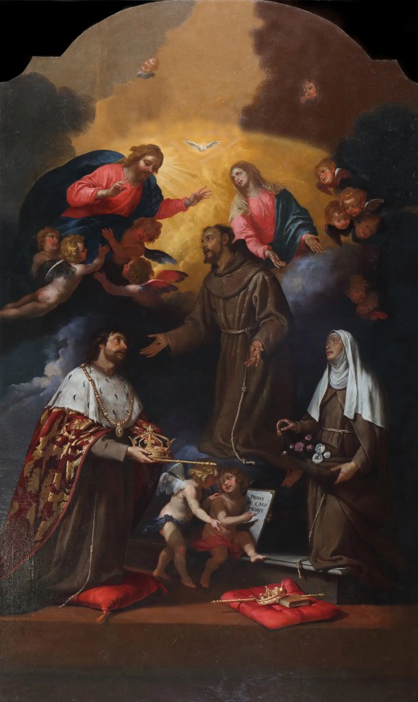 A religious painting depicting Jesus, Mary, and several angels in a heavenly scene, with a saint presenting a crown to a king, alongside a woman holding flowers.