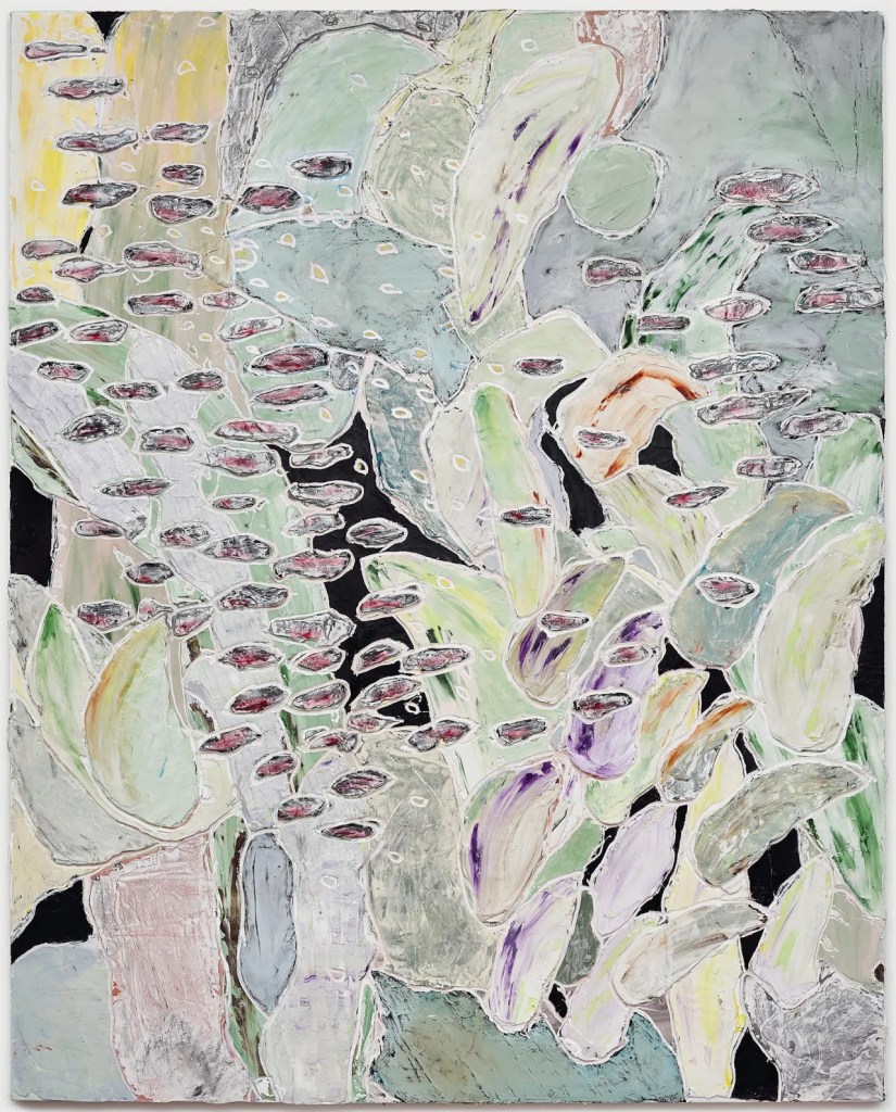 An abstract painting featuring various plant forms and leaves in shades of green, purple, and beige, set against a contrasting black background.