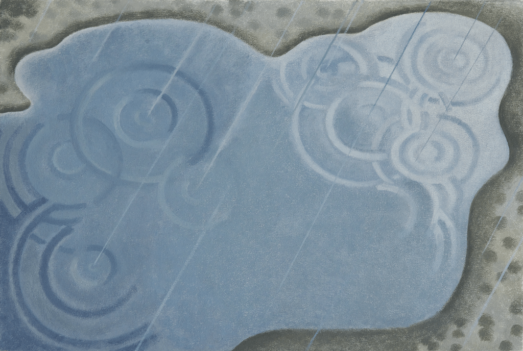 Abstract depiction of a blue water surface with circular ripple patterns, suggesting rain or movement, surrounded by a textured gray border.