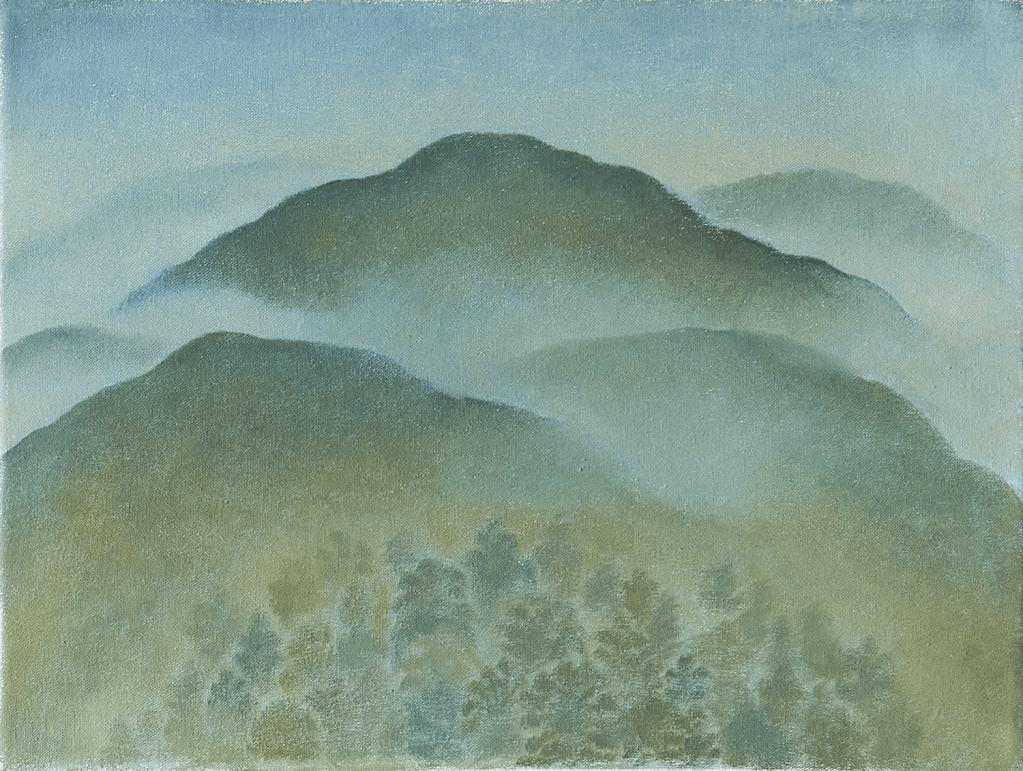 Abstract landscape painting featuring soft, layered hills in muted greens and blues, with a misty atmosphere.