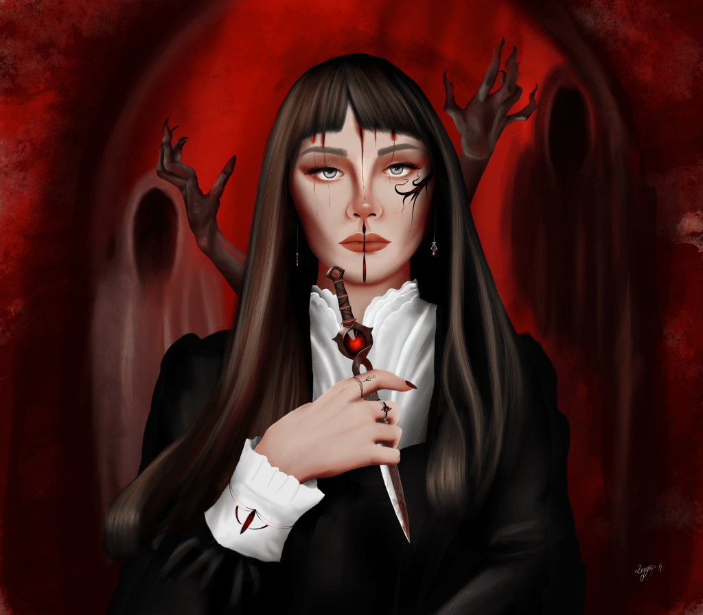 A woman with long dark hair dressed in a black outfit, holding a dagger with a red jewel, set against a dark red background with shadowy, ghost-like figures.