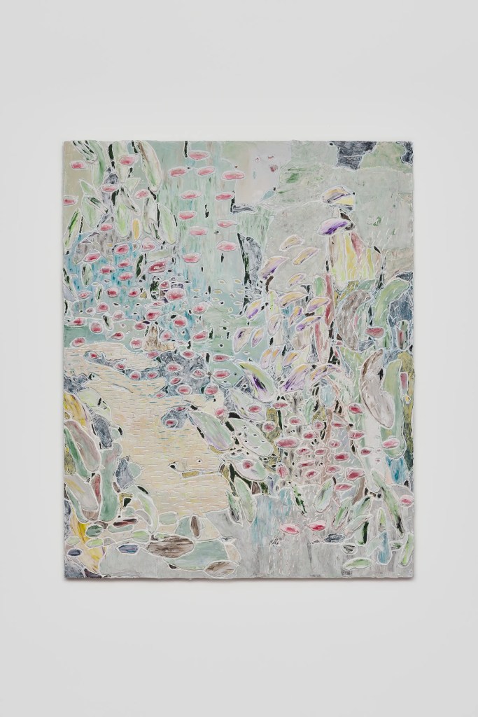 Abstract painting depicting a colorful garden scene with various floral shapes and shades, predominantly featuring pinks and greens.