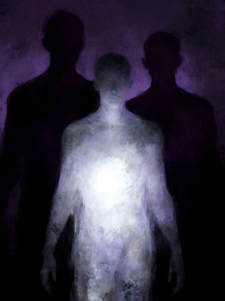 A shadowy figure illuminated from within, surrounded by darker silhouettes against a purple background, conveying a sense of mystery and introspection.