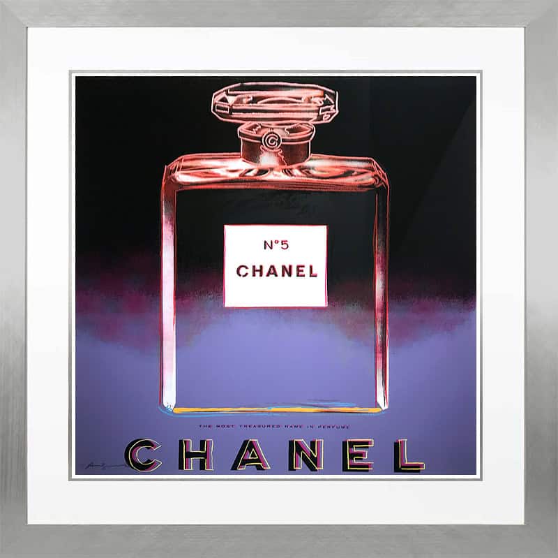 Artistic depiction of a Chanel No. 5 perfume bottle with a colorful background and reflective frame.