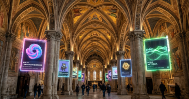 Historic cathedral interior with glowing NFT digital art panels among stone columns