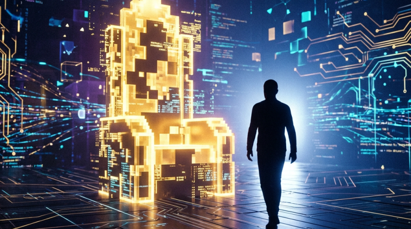 Person walking towards a glowing digital throne amid virtual code and circuit patterns