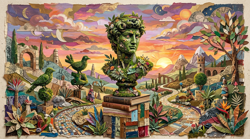 Bust of a classical statue made of greenery and flowers, set on stacked books and rustic base, surrounded by sculpted topiary birds, colorful mosaic paths, and whimsical landscape with mountains and sunset sky.