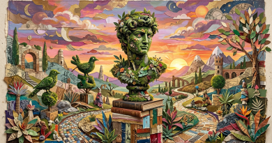 Bust of a classical statue made of greenery and flowers, set on stacked books and rustic base, surrounded by sculpted topiary birds, colorful mosaic paths, and whimsical landscape with mountains and sunset sky.