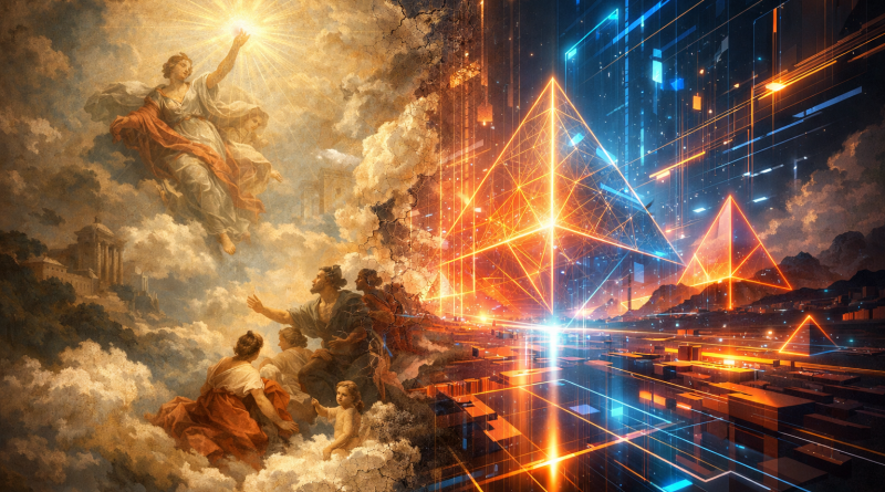Divine figures in clouds reaching towards glowing pyramidal structures in a futuristic digital cityscape
