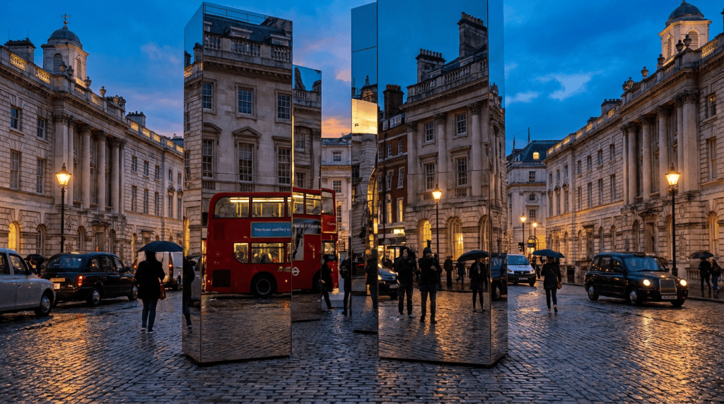 Mirrored columns reflecting a red double-decker bus, pedestrians with umbrellas, and historic buildings on a wet cobblestone street at dusk