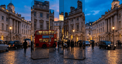 Mirrored columns reflecting a red double-decker bus, pedestrians with umbrellas, and historic buildings on a wet cobblestone street at dusk