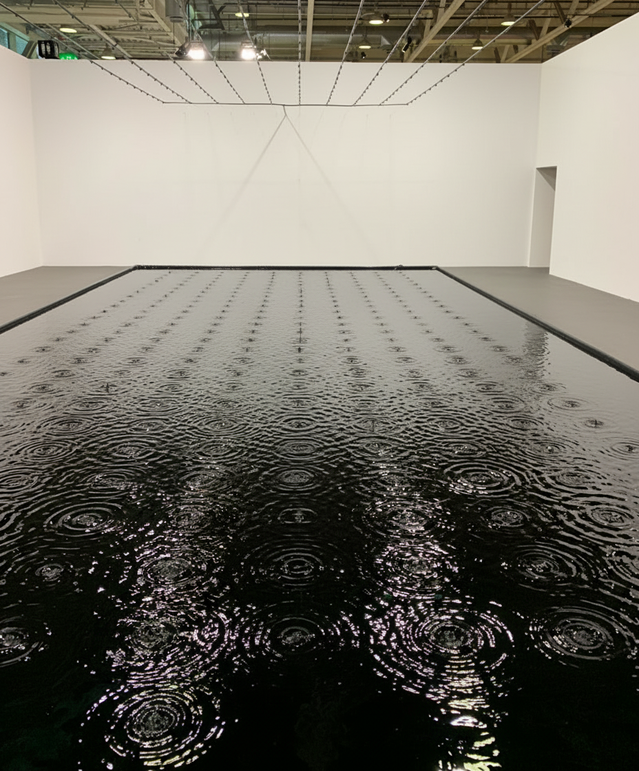 A large, reflective black surface with circular water ripples, set in an art gallery space with minimalistic white walls and overhead lighting.