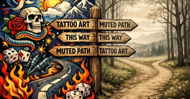 Wooden signpost with directions tattoo art and muted path dividing a colorful tattoo-style illustration and a muted forest path.