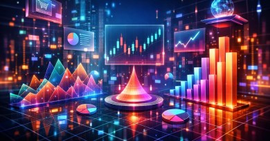 Colorful neon 3D charts including bar, pie, line, and cone graphs in digital interface