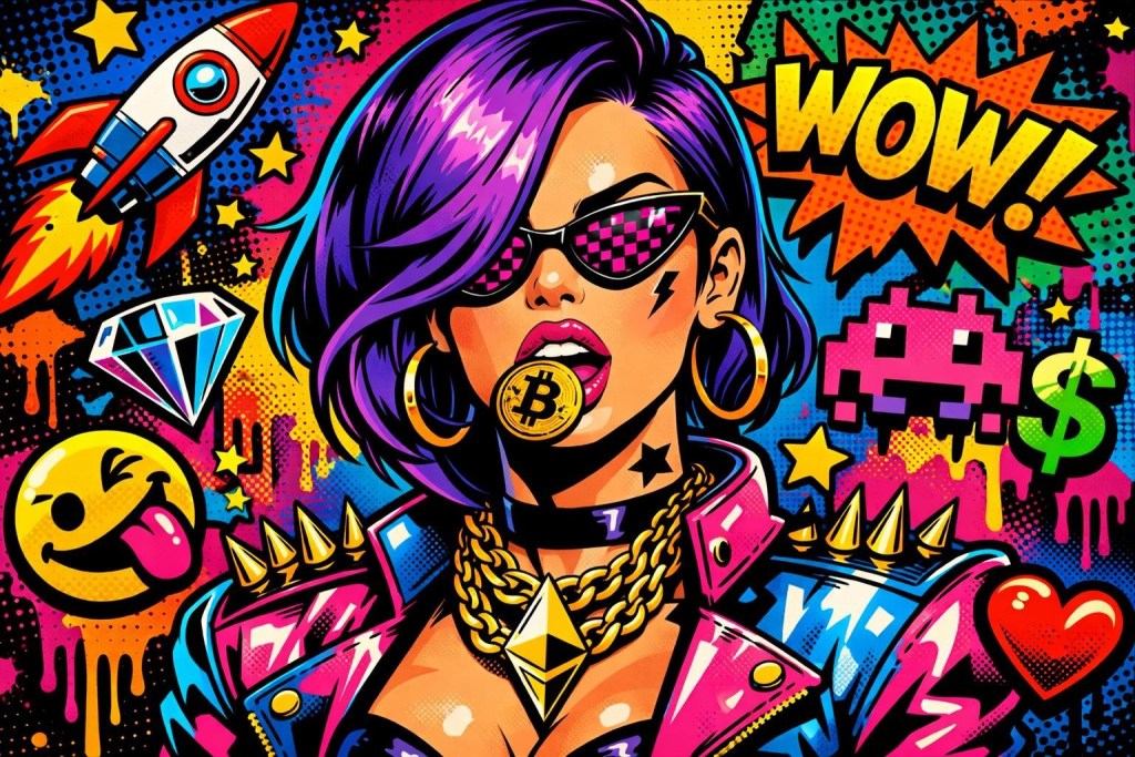 Pop art woman with purple hair, sunglasses, bitcoin coin, ethereum necklace, surrounded by rocket, diamond, smiley, pixel alien, dollar sign, heart, and WOW text
