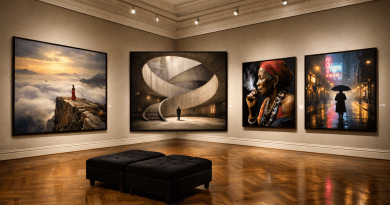 Gallery room with four large framed photographs on beige walls and parquet flooring