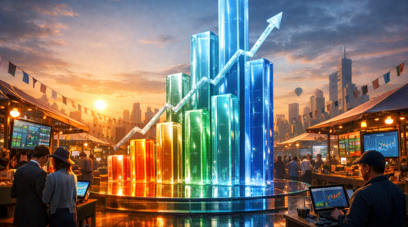 3D multicolored bar chart with upward arrow displayed among people working on laptops