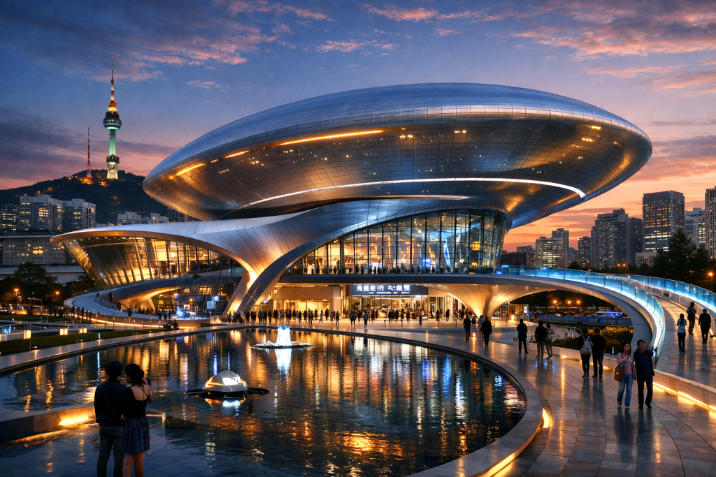 Dongdaemun Design Plaza with illuminated curved architecture and reflecting pool at dusk