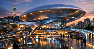 Dongdaemun Design Plaza with illuminated curved architecture and reflecting pool at dusk