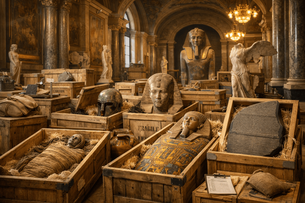 Wooden crates containing an Egyptian mummy, a painted sarcophagus, a pharaoh's bust, a Greek helmet, and the Rosetta Stone in a museum setting