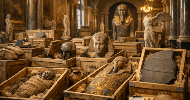 Wooden crates containing an Egyptian mummy, a painted sarcophagus, a pharaoh's bust, a Greek helmet, and the Rosetta Stone in a museum setting