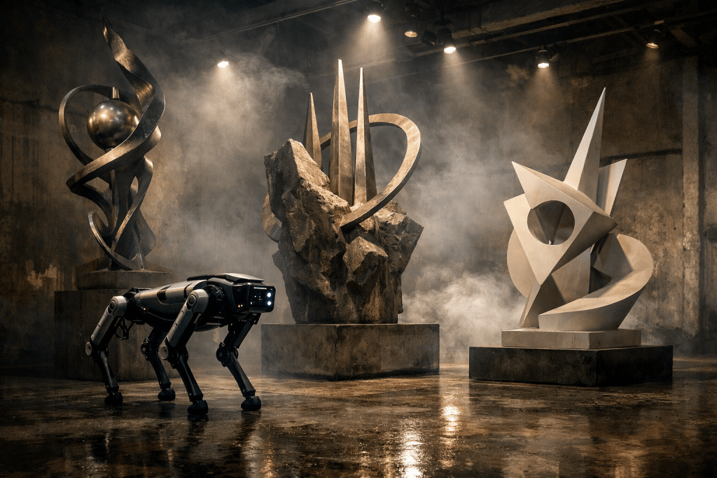 Robotic dog near large abstract metal and stone sculptures in dimly lit gallery