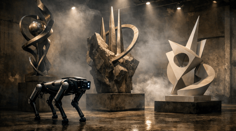 Robotic dog near large abstract metal and stone sculptures in dimly lit gallery