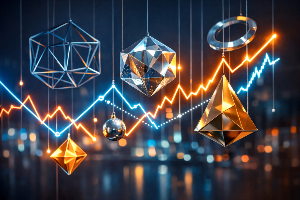 Hanging geometric metallic shapes with blue and orange glowing line graphs