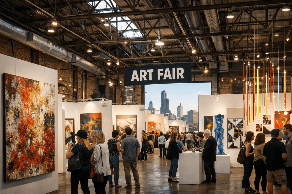 People viewing paintings and sculptures at an indoor art fair with city skyline in background