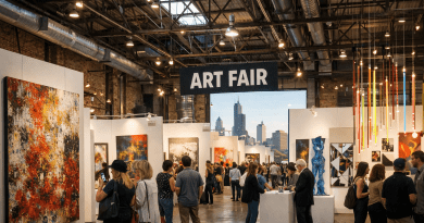People viewing paintings and sculptures at an indoor art fair with city skyline in background