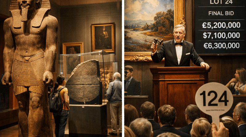 Ancient Egyptian statue and stone artifact in museum next to auctioneer presenting artwork with bids