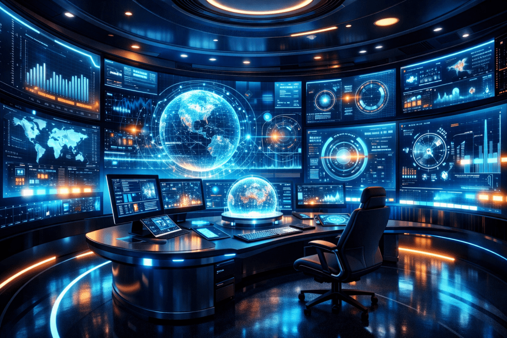 Control room with multiple large screens showing global maps, graphs, and data visualizations