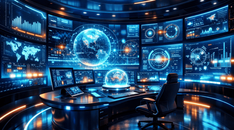 Control room with multiple large screens showing global maps, graphs, and data visualizations
