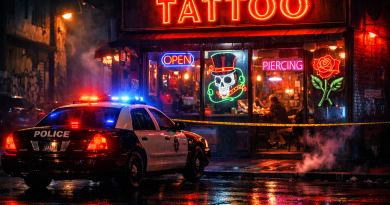 Police car parked outside a tattoo and piercing shop with neon signs at night